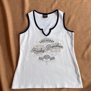 Harley Davidson Notched Neckline Tank Top Size M Route 30 HD Ohio White & Navy